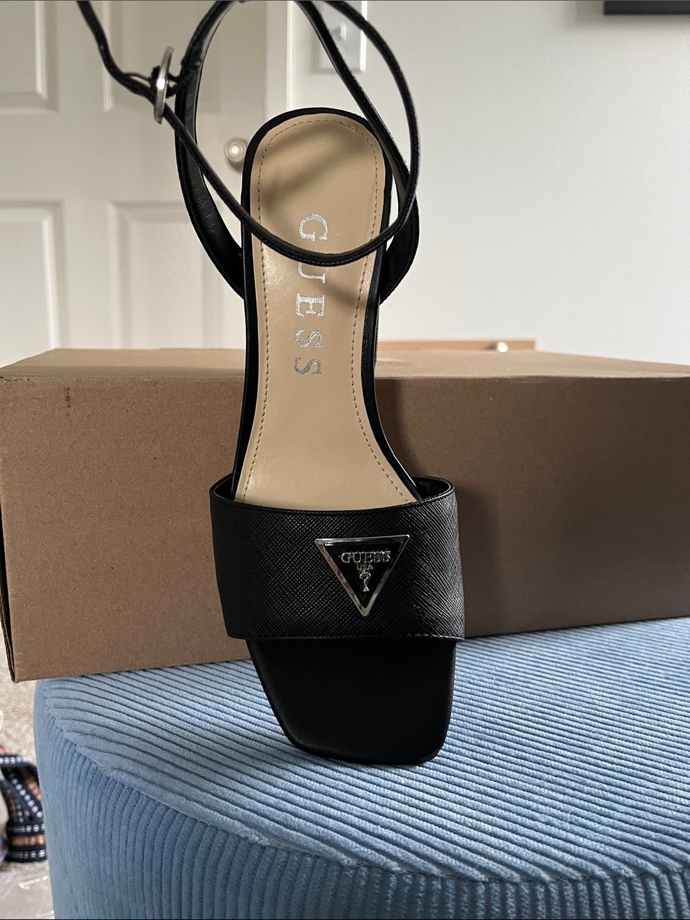 Guess Black Square-Toe Ankle Strap Sandal with Logo Accent